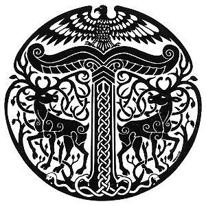 The symbol of the Irminsul of the pagan German tribes. Notice the two stags flanking it, while sitting on top is a bird of prey—maybe a Turul Bird? May be one of the first Political symbols. Anglo Saxon Tattoo, Runes Tattoo, Arte Viking, Norse Design, Art Viking, Symbole Viking, Rune Tattoo, Germanic Tribes, Norse Symbols