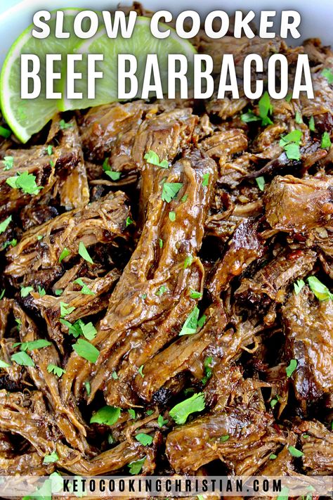 Incredibly juicy, tender and exploding in rich, robust chipotle flavors, this melt in your mouth Slow Cooker Beef Barbacoa will top your list of all-time favorite Mexican-inspired recipes. #beefbarbacoa #ketomexicanfood #slowcookerbarbacoa #crockpotrecipes Christian Meals, Barbacoa Crock Pot, Slow Cooker Beef Barbacoa, Beef Barbacoa Slow Cooker, Low Carb Slow Cooker Recipes, Beef Barbacoa, Slow Cooker Barbacoa, Barbacoa Recipe, Keto Crockpot