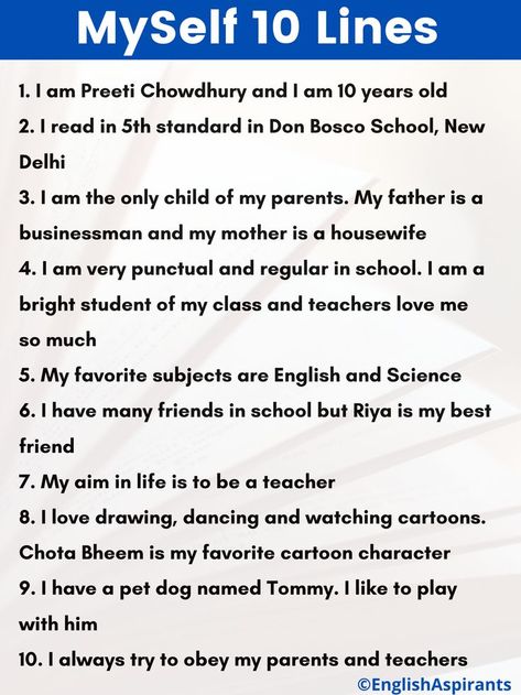 10 Lines on Myself , My Self 10 Lines: Conversation For Kids, English Conversation For Kids, Essay Writing Examples, College Essay Examples, Reading Comprehension For Kids, Aim In Life, Hindi Language Learning, English Conversation, Essay Writing Skills