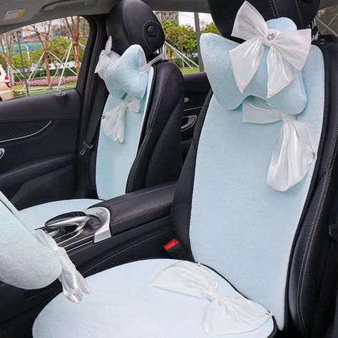 Light Blue Car Seat Covers for Women Girly Cute Lucky Bowknot Interior Accessories Japanese Stylish Decor Plush Warm Winter - AliExpress Black And Blue Car Interior, Blue Car Interior Ideas, Blue Car Interior, Blue Car Seat Covers, Light Blue Car, Car Accessories Blue, Blue Car Accessories, Car Bows, Accessories Japanese