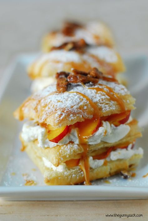 Napoleon Pastry, Napoleon Dessert, Company Recipes, Napoleons Recipe, Peach Puff Pastry, Maple Whipped Cream, Big Peach, Puff Pastry Desserts, Peach Desserts