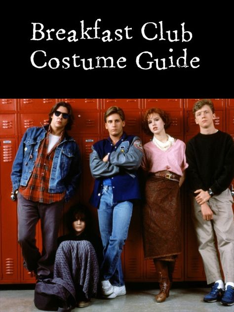 costume guide for all the characters of Breakfast Club - great for groups and couples! Full guide at: http://costumeplaybook.com/movies/1752-breakfast-club-costumes/ #IMissThe80s Breakfast Club Costume, Iconic 80s Movies, 80's Costume, High School Movies, 80s Costumes, Easy College Halloween Costumes, Judd Nelson, 80's Theme, 1980s Movies