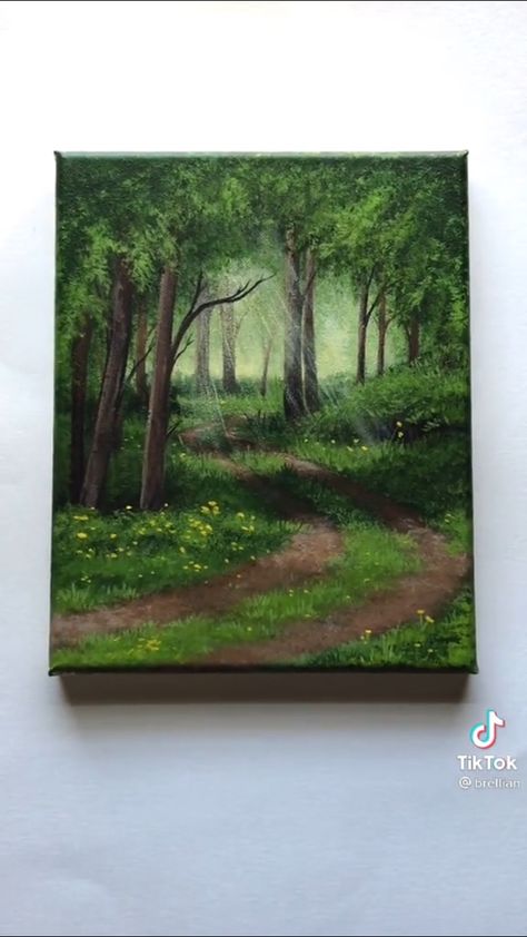 Forest House Painting, Forest Painting Easy, Forest Art Painting, Nature Canvas Painting, Pink Canvas Art, Easy Landscape Paintings, Oil Pastels Painting, Simple Canvas Paintings, Canvas Drawings