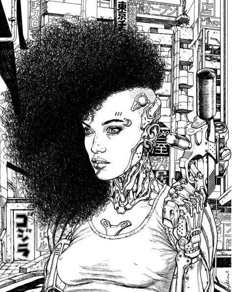 Black Sci Fi Characters, Cyberpunk Comic Art, Black Cyberpunk Aesthetic, Neo Cyberpunk, Cyberpunk Black And White, Noir Cyberpunk, Black Cyberpunk Character, Black Scifi, Cyberpunk Noir