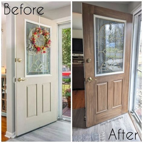 Front Door Makeover Using Liquid Wood - From Boring To Stained Wood | Hometalk Stained Wood Interior, Retique It Liquid Wood, Stain Cabinets, Stained Front Door, Retique It, Liquid Wood, Vases Diy, Metal Front Door, Cabinets Doors