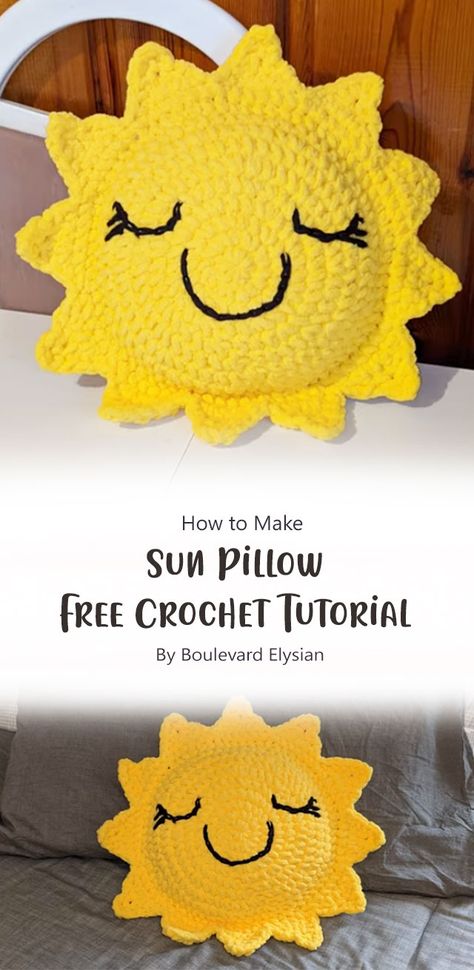 With this tutorial, you’re well-equipped to embark on your creative journey. So, pick up your crochet hook, choose your favorite sun-inspired yarn, and start crafting your very own Boulevard Elysian Sun Pillow today! Sunshine Crochet Pillow, Sunshine Pillow Crochet, Bee Pillow Crochet, Crochet Sunshine Pattern, Sun Pattern Crochet, Crochet Sun Amigurumi, Crochet Sun Pillow Free Pattern, Sun Amigurumi Free Pattern, Crochet Sun Pattern Free