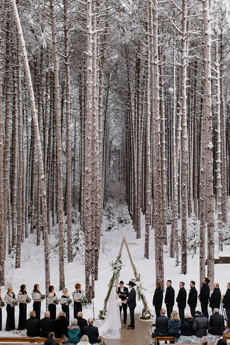 Snow Wedding Bridesmaids, Wedding In The Snowy Mountains, Ohio Winter Wedding, Winter Elopement Bouquet, Outdoor Snow Wedding, Wedding Theme Ideas Winter, Fun Winter Wedding Ideas, Forest Wedding Winter, Winter Wedding Forest