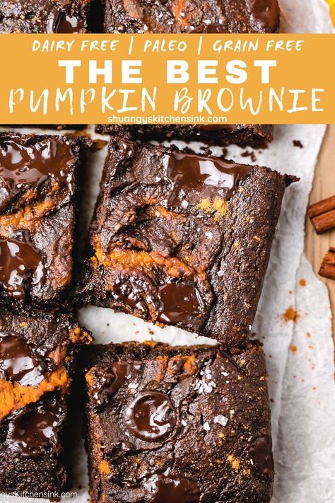 Paleo Pumpkin Dessert Easy, Delicious Dairy Free Desserts, Paleo Fall Dessert Recipes, Healthy Dessert Recipes Dairy Free, Paleo Pumpkin Cake Recipe, Whole 30 Fall Desserts, Gf Dairy Free Pumpkin Desserts, Whole 30 Pumpkin Dessert, Pumpkin Cocoa Brownies