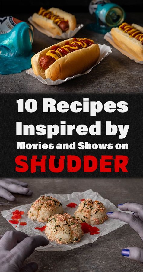 In celebration of Shudder's Halfway to Halloween month long event, The Geeks have rounded up some recipes & shared an interview with head curator Sam Zimmerman! 2geekswhoeat.com #HorrorMovies #HalfwaytoHalloween #HorrorFood #HorrorRecipes #MovieNight #Halloween #Shudder Horror Movie Menu Ideas, October Dinners, Movie Inspired Recipes, Halfway To Halloween, Themed Meals, Horror Birthday, Halloween Month, Movie Food, Horror Movie Night