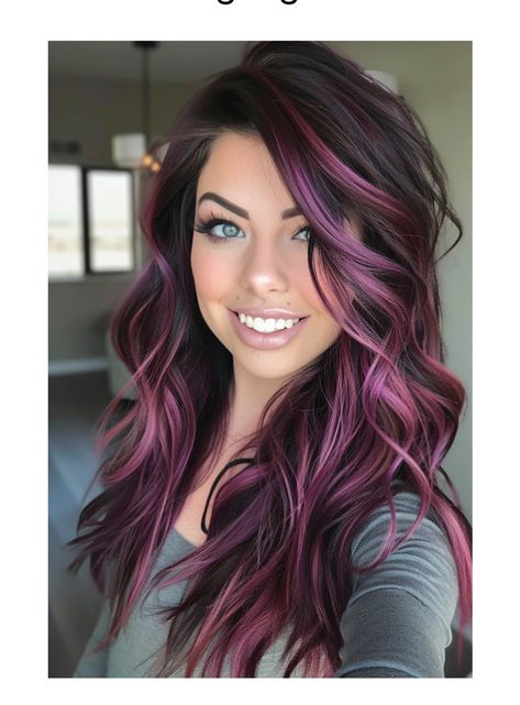 Long Hair Peekaboo Color, Plum And Blonde Hair, Plum Balayage Hair, Two Tone Purple Hair, Pink Lowlights In Brown Hair, Unnatural Hair Color Ideas, Brown Hair With Purple, Purple Peekaboo Highlights, Purple Highlights Brown Hair