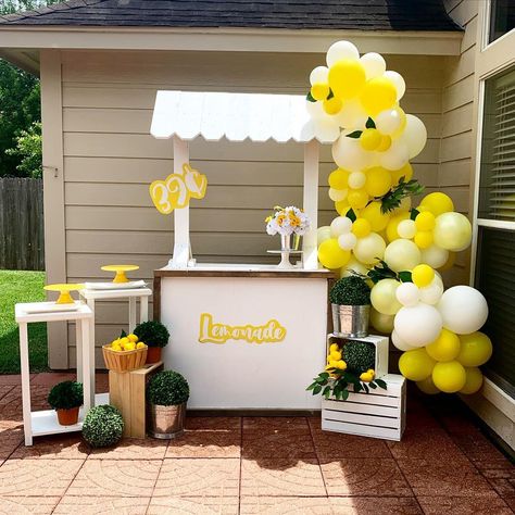 Lemonade Table Ideas, Lemonade Stand Birthday Party, Lemonade Stand Birthday, Lemon Themed Party, Lemon Themed Bridal Shower, 40th Bday Ideas, Woodland Creatures Baby Shower, Lemonade Party, Diy Balloon Decorations