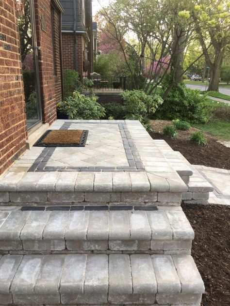 Paver Porch, Front Porch Stone Steps, Front Walkway Landscaping, Front Porch Stairs, Front Porch Stone, Paver Installation, Stone Installation, Paver Steps, Birmingham Michigan