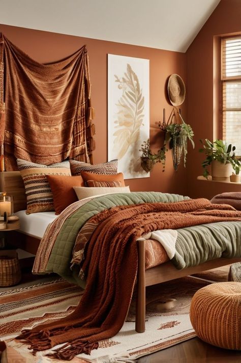 Green And Orange Bedroom Ideas, Green And Terracotta Bedroom, Boho Bedroom Makeover, Desert Room, Cloud Project, Burnt Orange Bedroom, Rattan Accents, Outdoor Vibes, Chunky Knit Blankets