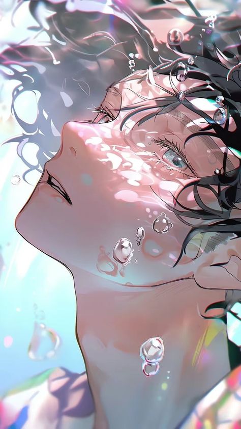 [Cre: @yanzwj] Bathtub Anime Drawing, Character In Water Drawing, Swimming Reference Drawing, Lying In Water Reference, Water Drawing Digital, Hair Underwater Reference, Head In Water Drawing, Underwater Art Drawing, Floating In Water Drawing