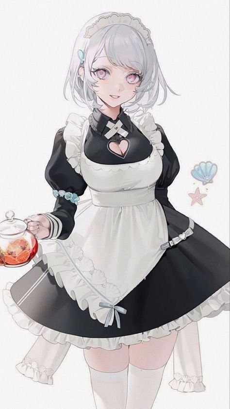 Maid Outfit Anime, Chica Cool, Anime Maid, Maid Outfit, Dress Sketches, Maid Dress, An Anime, Anime Outfits, White Hair