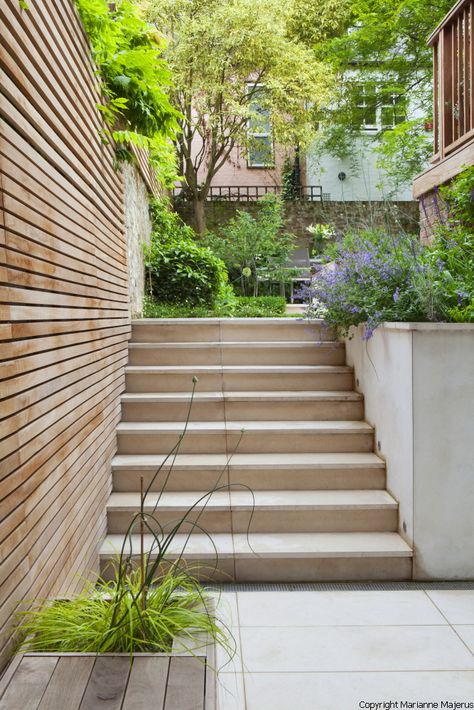 Sloping Garden Ideas, Terrace House Garden, Terraced House Garden, Charlotte Rowe, Steep Gardens, Sloping Garden, Patio Steps, Tiered Garden, Garden On A Hill