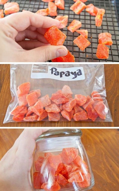 Dehydrated Papaya | Top 10 Healthy Dehydrated Fruit Recipes You Can Make This Winter Dehydrated Fruit Recipes, Dehydrated Papaya, Dehydration Recipes, Dehydrator Ideas, Dehydrator Recipes Fruit, Dehydrating Food Storage, Dehydrated Fruits, Papaya Recipes, Vegan Jerky