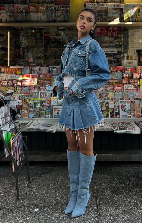 Denim Boots Outfit, Edgy Summer Outfits, Miniskirt Outfits, Causual Outfits, Fashion Attire, Summer Fashion Outfits, Fashion Killa, Concert Outfit, Denim Fashion