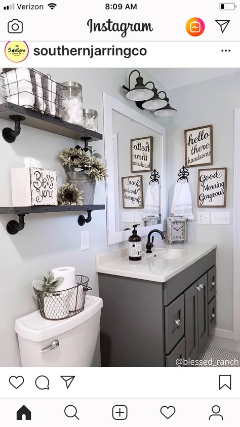 Farmhouse Decor Gray Walls, Hanging Lights In Bathroom Farmhouse, Farmhouse Kleenex Box Cover, Farmhouse Bathroom Gray Walls, Hello Handsome Good Morning Gorgeous Bathroom, Gray Bathroom Wall Decor, Grey Toned Bathroom, Main Level Bathroom Ideas, Bathroom Decor Gray Walls