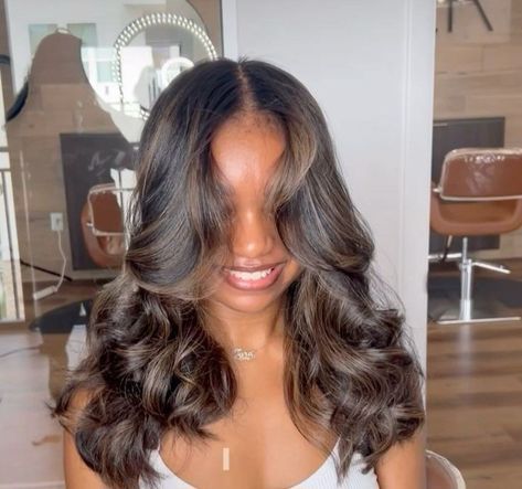 Sandy Brown Highlights On Dark Hair, Silk Press Highlights, Chocolate Brown Highlights On Black Hair, Dark Brown Hair With Subtle Highlights, Dark Brown Highlights On Black Hair, Chocolate Brown Balayage, Brown Hair Dark Skin, Natural Hair Bob Cut, Highlights For Dark Brown Hair