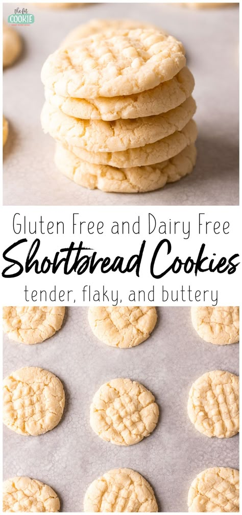 Our tender and buttery shortbread cookies are easy to make and are gluten free and dairy free! These have a delicious melt-in-your-mouth texture and don't require chilling or rolling cookie dough. | thefitcookie.com Gluten Free Whipped Shortbread, Gluten Free Whipped Shortbread Cookies, Gluten Free And Dairy Free Cookies, Dairy Free Shortbread Cookies, Dairy Free Shortbread, Gluten And Dairy Free Cookies, Easy Gluten Free Cookies, Gluten Free Dairy Free Cookies, Cookies Dairy Free