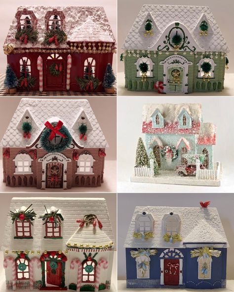 Holiday Dollhouse, Christmas Village Painting Ideas, Christmas Village Buildings, Dollar Tree Houses Christmas, Diy Halloween House Village, Mini Christmas House, Diy Painted Christmas Village Houses, Christmas Houses Village Display Diy, Dollar Tree Christmas House