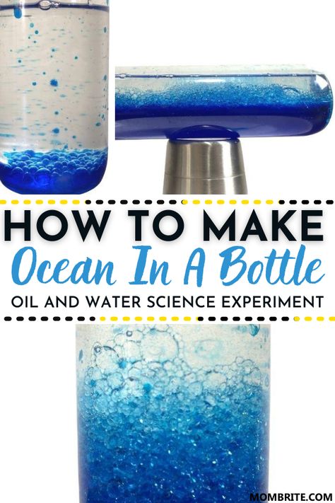 A fun oil and water science experiment you can easily do with your preschooler or toddler, this Ocean In a Bottle activity creates a calming effect when you look at the beautiful blue viscous "mixture" in a container. It is also a pretty DIY lamp that makes a great party favor or gift idea!  #OceanInABottleKidsActivity #OilAndWaterScienceExperiment #KidsScienceProjectsAtHome Preschool Oil And Water Experiment, Water Exploration Preschool, Nemo Preschool Activities, Ocean Sensory Bottles, Ocean Bottle Craft, Ocean Science Activities Preschool, Fish Science Preschool, Ocean In Bottle, Blue Toddler Activities