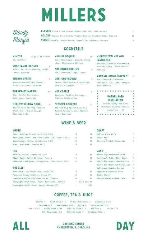 Look Inside Miller’s All Day, Where Brunch is King - Eater Charleston Cool Menu Design, Fun Menu Design, Menu Food Design, Brunch Menu Design, Cactus Restaurant, Menu Design Layout, Menu Drink, Menu Design Inspiration, Cafe Menu Design