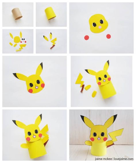 Pokémon Pikachu paper craft DIY (toilet paper roll craft) Easy Pokemon, Diy Pokemon, Paper Bunny, Pikachu Pikachu, Craft Projects For Adults, Pokemon Diy, Pokemon Craft, Pokemon Birthday Party, Monthly Crafts