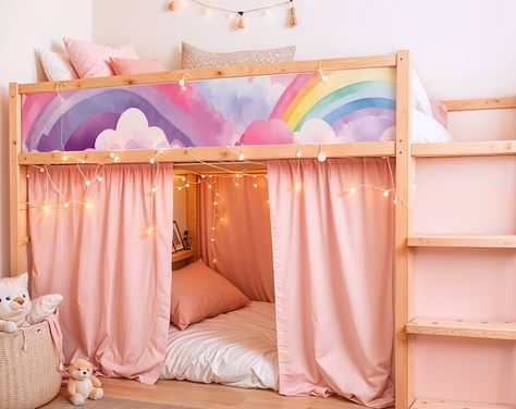 DesignStickersStore - Etsy Ikea Kura Bed Curtain Diy, Kura Loft Bed Ideas, Ikea Kura Under Bed Ideas, Purple Room Ideas Kids, Pink And Purple Kids Bedroom, Kid Loft Bed Ideas, Toddler Loft Bed Ideas, Ikea Kids Bedroom Ideas, Ikea Bunk Bed Ideas