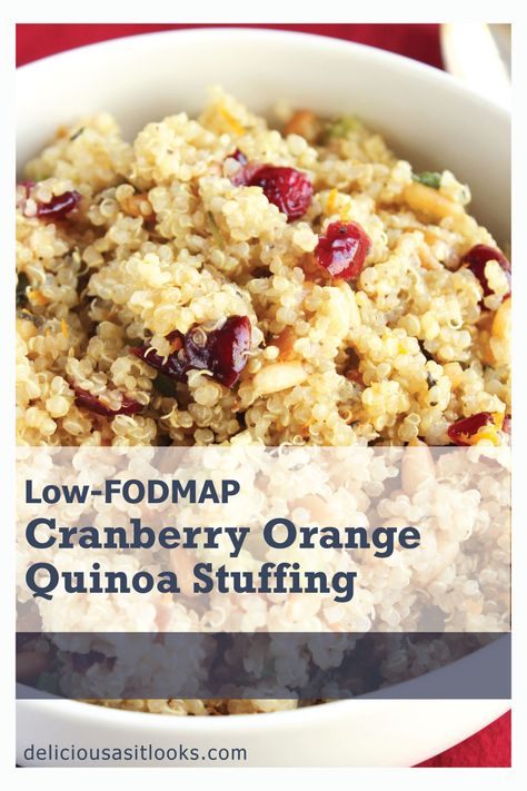 Low FODMAP Cranberry Orange Quinoa Stuffing with Pine Nuts Low Fodmap Thanksgiving, Quinoa Cranberry, Overnight Quinoa, Quinoa Stuffing, Free From Recipes, Low Fodmap Vegan, Fodmap Vegan, Low Fodmap Recipe, Fodmap Diet Recipes