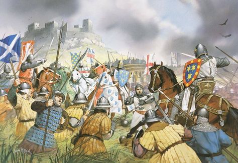 ART: Andrew Moray and William Wallace prevail at Stirling Bridge. Painting by Angus McBride. Battle Of Stirling Bridge, Warriors Illustration, Historical Warriors, High Middle Ages, Scottish Independence, William Wallace, Medieval Ages, Ancient Warfare, Wars Of The Roses