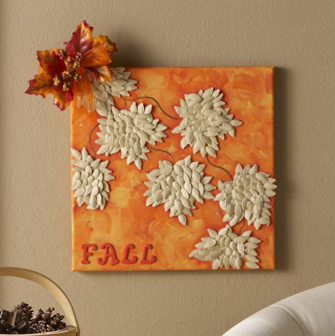 Make a Fall Canvas with Pumpkin Seeds Diy Pumpkin Seeds, Fall Crafts For Adults, Paper Mache Pumpkins, Seed Art, Fall Leaf Garland, Mod Podge Crafts, Fall Art Projects, Fall Canvas, Easy Diy Decor