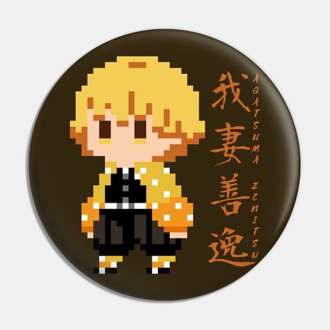 Agatsuma Zenitsu pixel art with Kanji (8 Bits) -- Choose from our vast selection of pins to match with your desired size to make the perfect custom pin. Pick your favorite: Movies, TV Shows, Art, and so much more! Available in small and large. Perfect to wear or to decorate your bag or backpack with. 8 Bits, Art References, Kimetsu No Yaiba, 8 Bit, Button Design, Custom Pins, Demon Slayer, Pixel Art, Art Reference