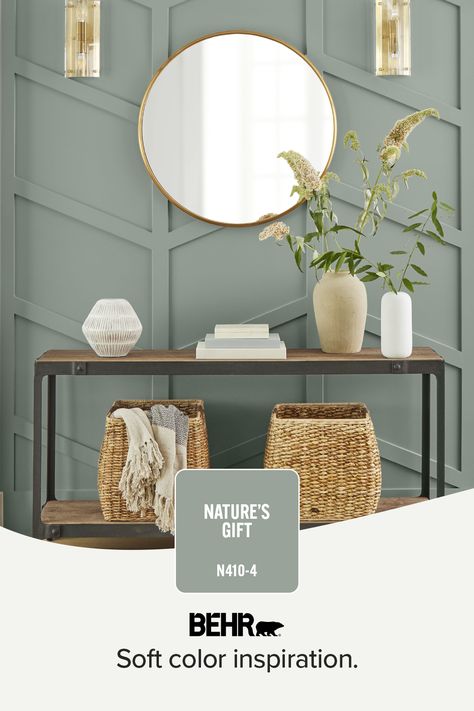 Use soft hues like Nature’s Gift to turn your space into a cozy ambiance. Behr Colors For Bathroom, Natures Gift Behr, Natures Gift Behr Paint, Behr Nature's Gift, Best Home Office Paint Colors Behr, Natures Gift Paint Color Behr, Behr Natures Gift Paint, Office Paint Colors Behr, Laundry Room Paint Colors Behr