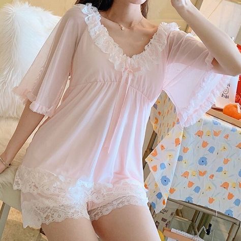 Kawaii Pjs Pajamas, Pink Lace Pajamas, Kawaii Pajama Set, Kawaiicore Pajamas, Cute Pajama Dress, Cute Pajamas Pink, Princess Pajamas Aesthetic, Cute Aesthetic Pajamas, Fantasy Pajamas