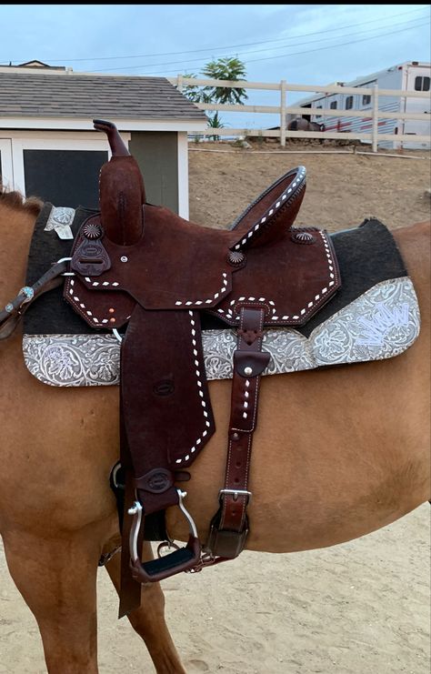 Robbie Phillips Barrel Saddle, Barrel Racing Saddles For Sale, Buck Skin Horse, Fancy Horse Tack, Barrel Horse Tack, Barrel Racing Aesthetic, Western Horse Tack Turquoise, Horse Tack Western, Western Riding Tack