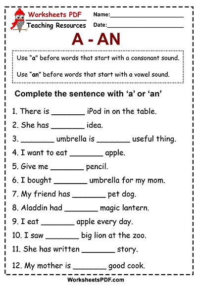 Articles – A and AN (Free Printables) A An Worksheet, Articles In English, Indefinite Articles, Article Grammar, Articles Worksheet, English Grammar Exercises, English Grammar For Kids, Grammar For Kids, Grammar Exercises