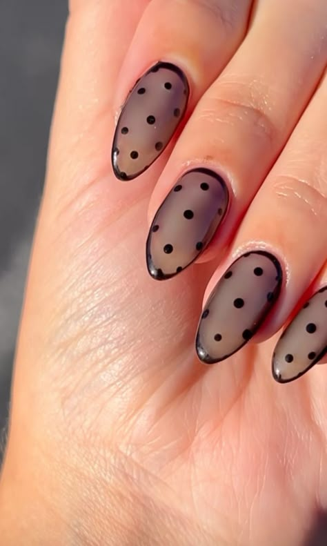 Matte Polka Dot Nails, French Tip Nails With Polka Dot Design, Nail Art Shapes, Black And Pink Polka Dot Nails, Jelly Polka Dot Nails, Sheer Polka Dot Nails, Polka Dot Nails Black, Black Nails With Polka Dots, Black And White Blooming Gel Nails