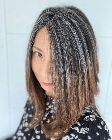 Grey Hair With Brown Lowlights, Dark Brown Lowlights, Brown Hair Going Grey, Grey Hair Lowlights, Medium Long Hairstyle, Silver Fox Hair, Brown Lowlights, Gray Hair With Lowlights, Grey Hair Journey