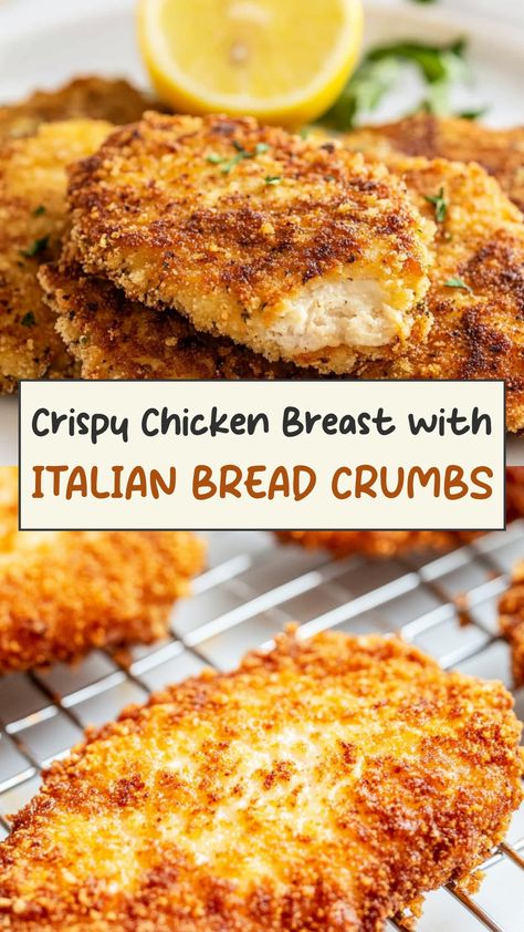 Discover a delicious recipe for juicy chicken breast coated in savory Italian bread crumbs. This easy-to-make dish is perfect for weeknight dinners or special occasions. The combination of tender chicken and flavorful seasonings will have your family asking for seconds! Enjoy a taste of Italy right in your own kitchen with this mouthwatering meal option. Serve it alongside your favorite sides for a complete and satisfying dinner that everyone will love. Bon appétit! Chicken With Italian Bread Crumbs, Italian Breaded Chicken Cutlets, Chicken Italian Bread Crumbs Recipe, Italian Bread Crumbs Chicken, Chicken Tenders With Bread Crumbs, Baked Chicken Recipes Breaded, Bread Crumbs Recipe Chicken, Italian Crusted Chicken, Bread Crumb Chicken Breast