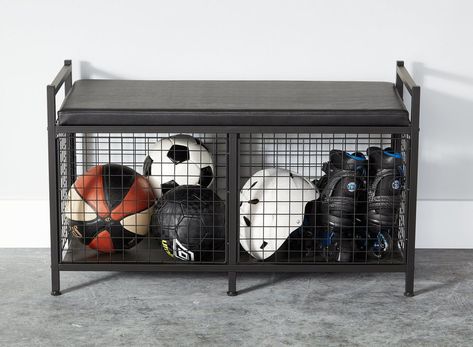 Sports Storage 101 | Container Stories Hockey Gear Storage, Sports Equipment Storage, Bike Storage Garage, Sports Storage, Storage Bench Seating, Ball Storage, Equipment Storage, Ikea Storage, Seat Storage