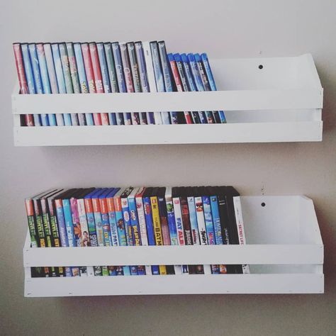 Dvd Shelf Ideas, Diy Dvd Shelves, Diy Dvd, Dvd Shelf, Attic Shelves, Cd Shelves, Dvd Shelves, Bedroom Redesign, Cd Storage