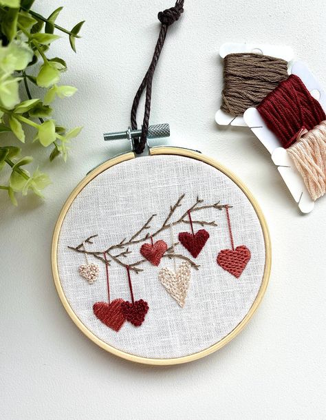 Hanging Embroidery Hoop, Branch Embroidery, Valentine Embroidery, Embroidery Hoop Wall, Embroidery Wall, Embroidery Wall Art, Hand Embroidery Design Patterns, Hand Embroidery Design, Dmc Thread