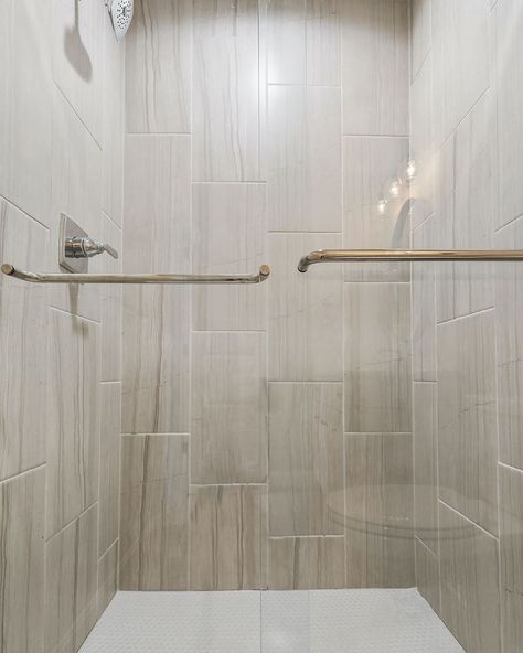 Stylish and Inspirational Bathroom Wall Fully Tiled Ideas Pebble Tile Shower Ideas Wall, Large Tiles In Shower Ideas, Large Shower Tiles Vertical, Small Shower Large Tile, Bathtub Vertical Tile, 12x24 Tile Shower Walls, Shower Tile 12x24 Ideas, 12x24 Vertical Shower Wall Tile, Vertical Large Tile Shower Ideas