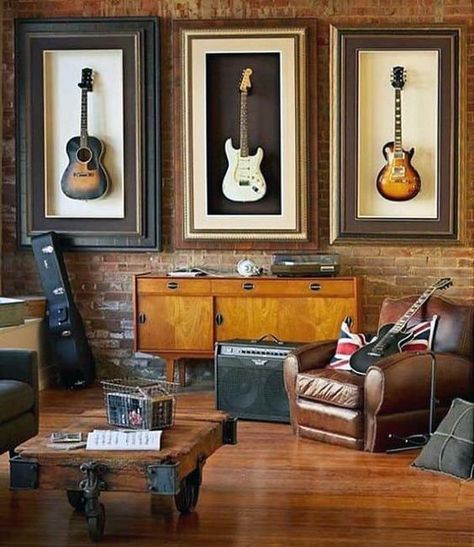 guitar room Guitar Room Ideas Man Caves, Home Office With Guitars, Guitar Man Cave, Guitar Music Room Ideas, Bohemian Music Room, Music Room Man Cave, Music Room Ideas Home Studio, Guitar Room Man Cave, Guitar Living Room