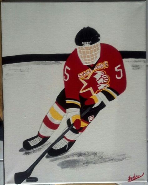 Starhawks hockey player on 11x14 canvas, acrylic paint. Facebook page: CreativeOnCanvas Hockey Painting Ideas On Canvas, Hockey Painting Ideas, Hockey Painting, Hockey Drawing, Stable Ideas, Hockey Boards, Hockey Bag, Frat Coolers, Painting Inspo