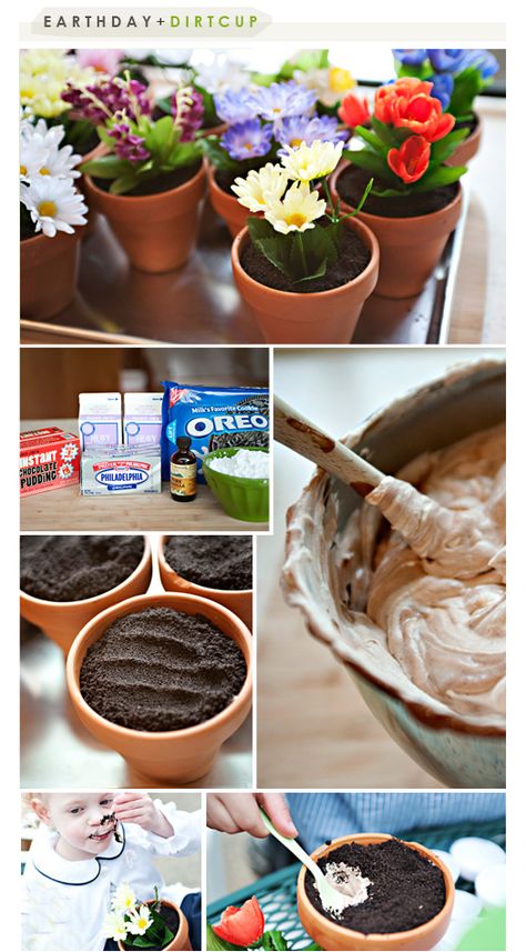 Surprise your guests with these flower-ful desserts!  Fill pots with pudding and silk flowers!      Old Time Pottery has a huge selection of pots and spring flowers to help you make this fun dessert!    http://www.oldtimepottery.com/ Dirt Cups Dessert, Oreo Dirt Cake, Dirt Dessert, Dirt Cake Recipes, Dirt Pudding, Oreo Dirt, Dirt Cake, Köstliche Desserts, Cupcake Cake