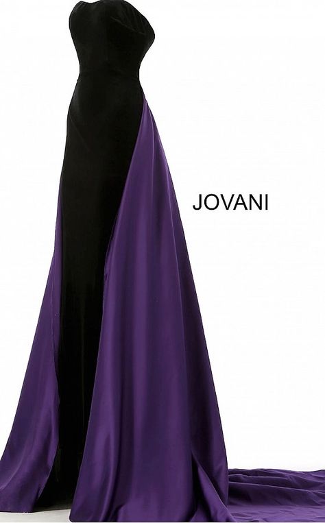 Dark Purple Gown Elegant, Black Purple Outfit, Velvet Purple Dress, Black And Purple Dress, Purple Evening Gown, Dress With Long Train, Purple Evening Gowns, Black Velvet Gown, Jovani Gown