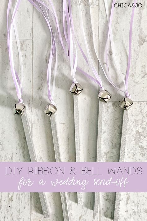 Ribbon wands with bells for a wedding send-off Ribbon Send Off Wedding, Kissing Bells, Wedding Ribbon Wands, Ribbon Sticks, Silver Metallic Paint, Wedding Wands, Christening Ideas, Ribbon Wands, Wedding Send Off